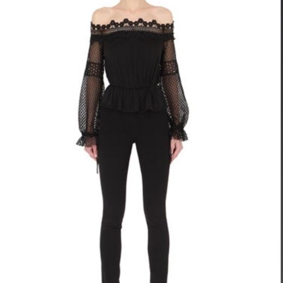Self-portrait off the shoulder lace sleeve black jumpsuit sz 2 - Picture 2 of 8